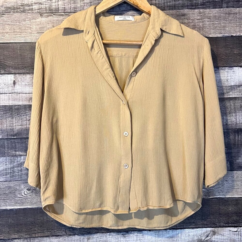 Aritzia Babaton Beige Button-Up Blouse 2XS Minimalist Neutral Career Office